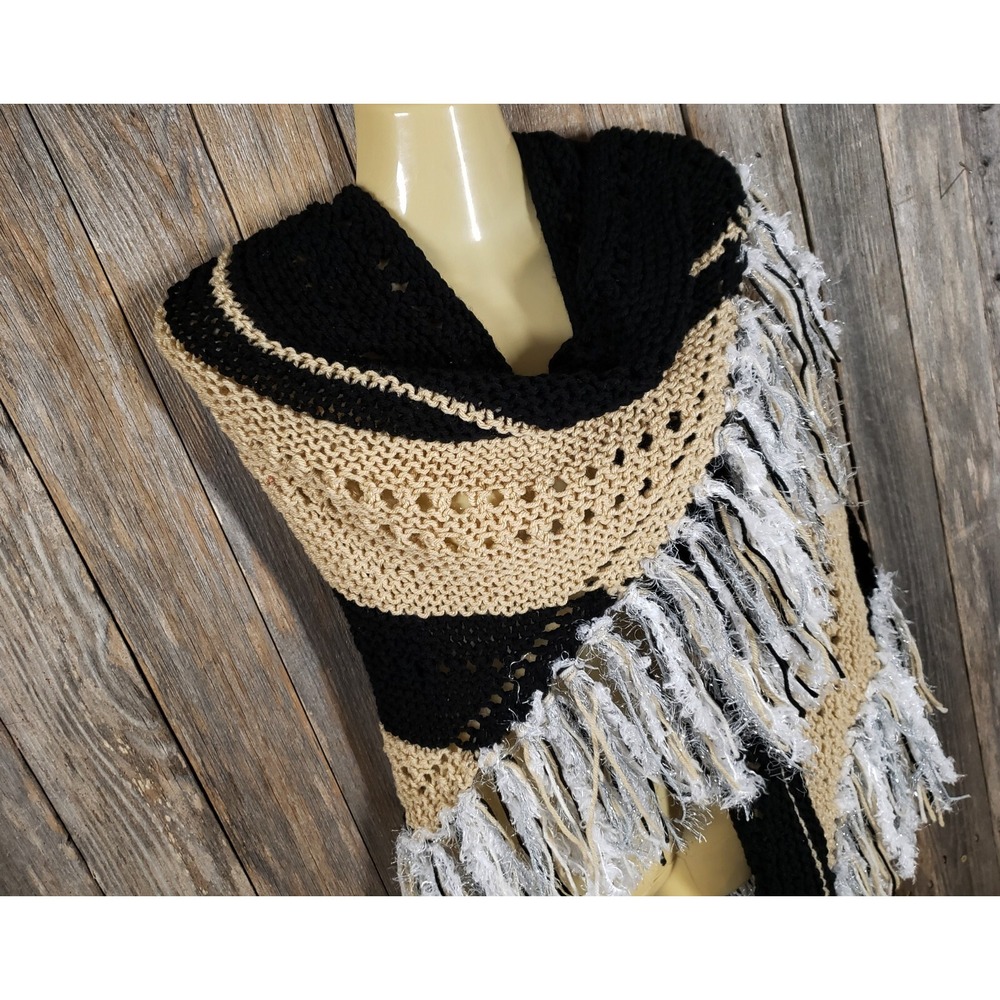 NEW Black Beige Knit Shawl‎ Wrap Boho Indie Artsy Festival Cottage Hippie Chic - Picture 6 of 9